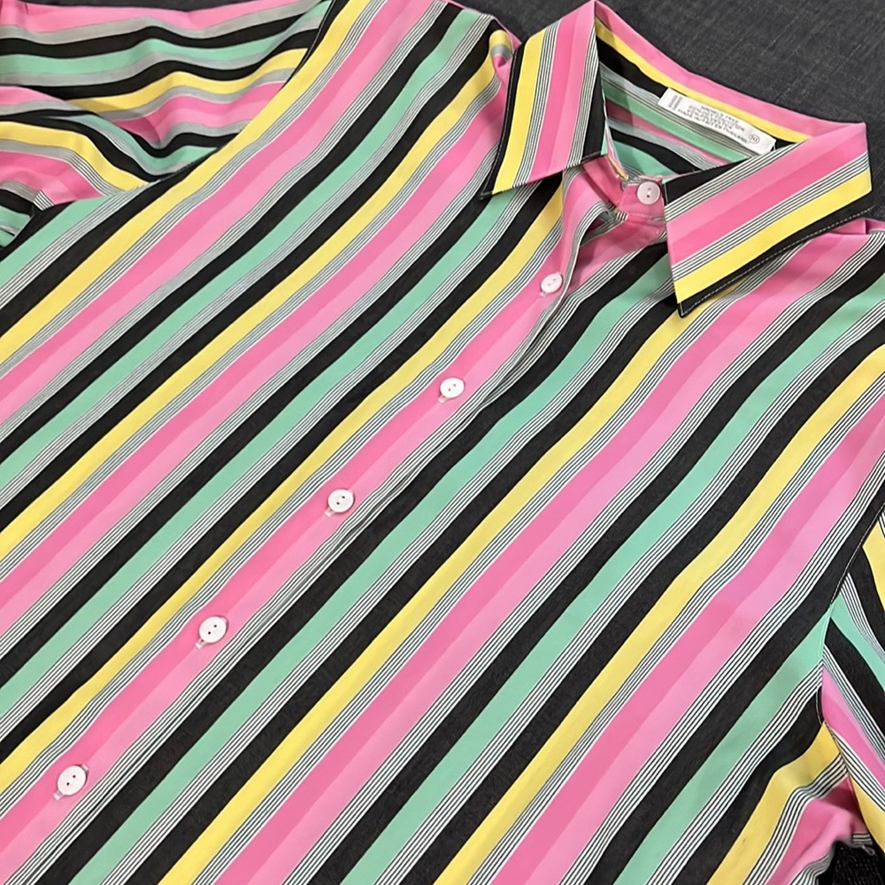 Foxcroft women’s Y2K multicolored striped button down shirt, size 10 / Large